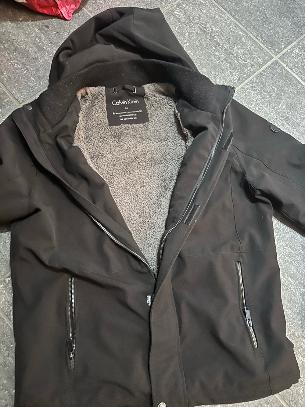 Calvin Klein Black Hooded Performance Jacket with Gray Sherpa Lining